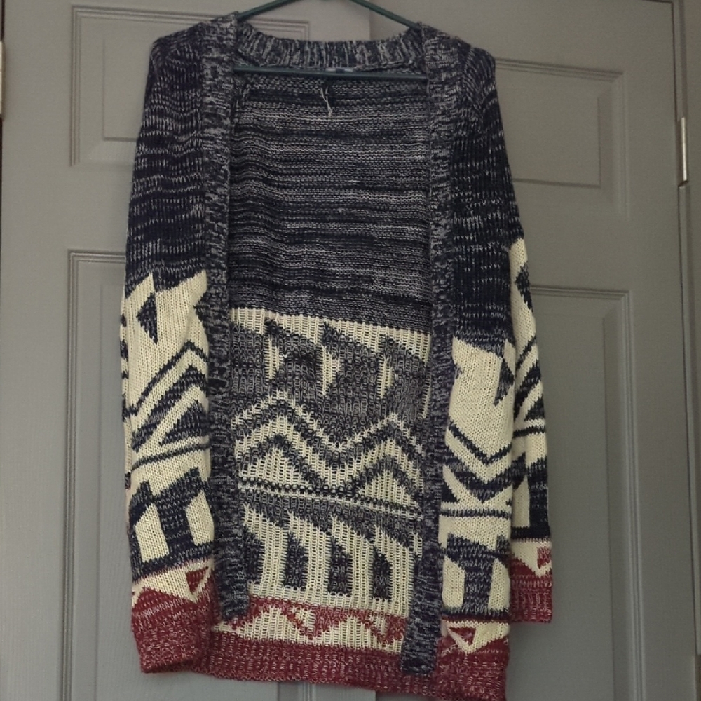Charlotte Russe Blue and Cream Cardigan with Geometric Patterns